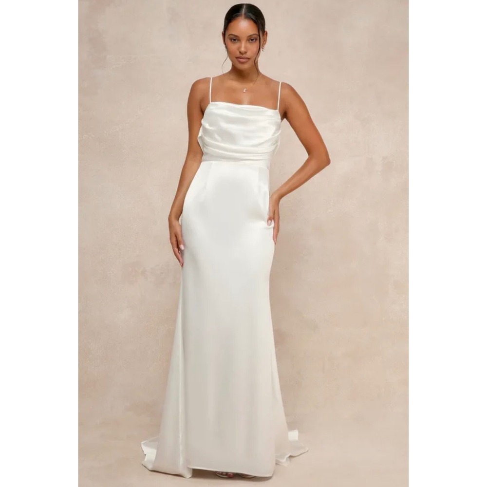 NEW Lulus Satin Cowl Neck Maxi Dress XXS White Old Money Coastal Wedding Guest